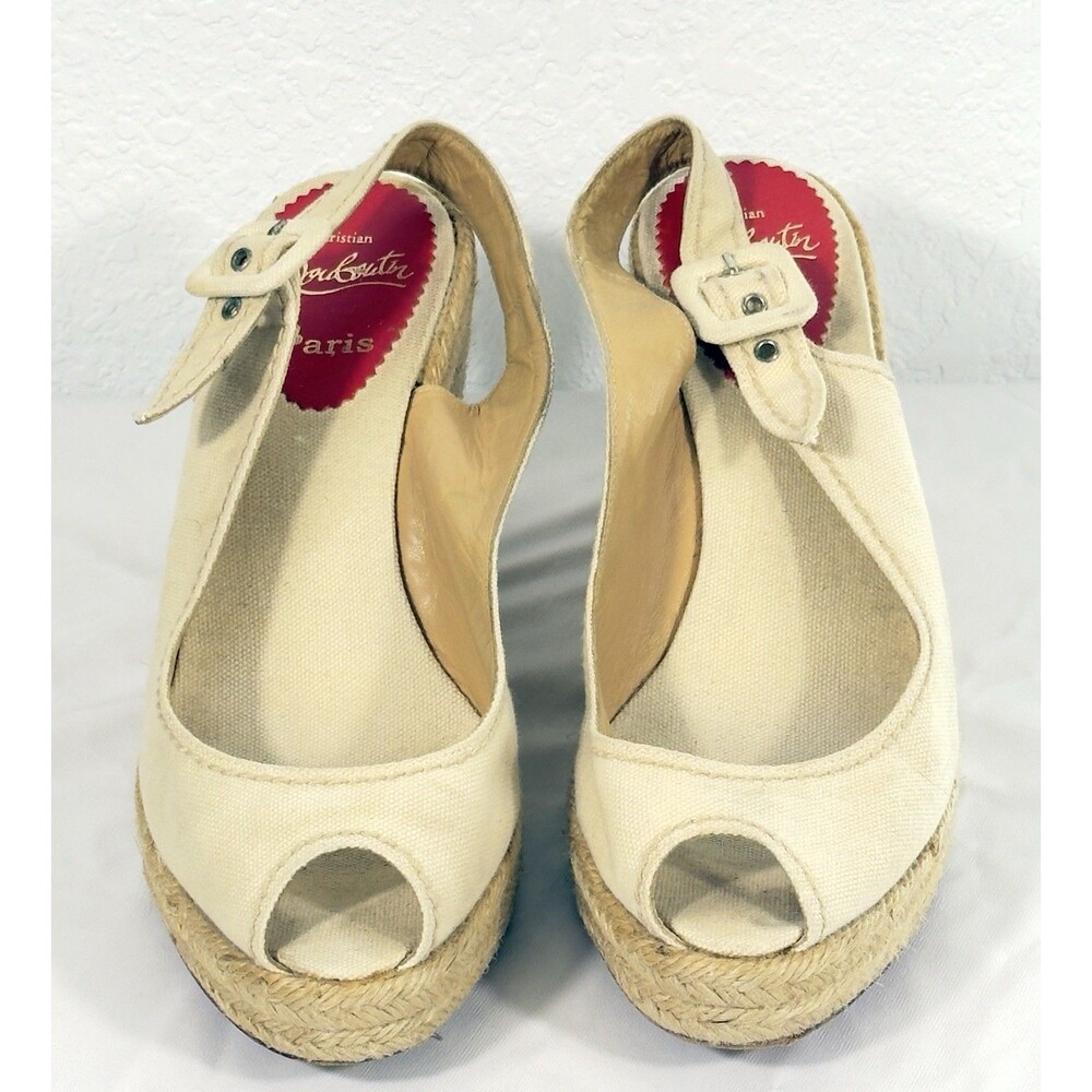 Christian Louboutin Menorca Espadrille Wedge Slingback Peep Toe Canvas EU 39